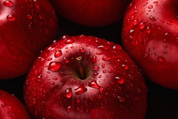closeup red apples deep droplets profile face body skin bite love vegetable background auburn sweet defense greed - obrazy, fototapety, plakaty