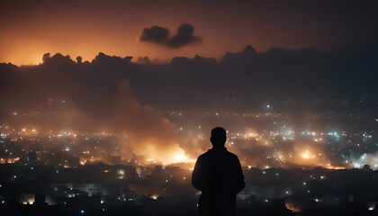 Fototapeta na wymiar Silhouette of businessman looking at city at night. Mixed media