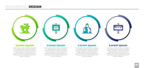Set Ruined house, Work search, Homeless and Donation food. Business infographic template. Vector