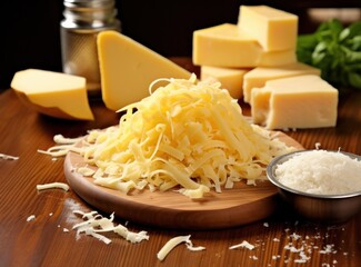 grated cheese and cheese grated on a wooden board