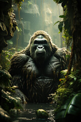 Majestic Gorilla in Misty Jungle Waters
