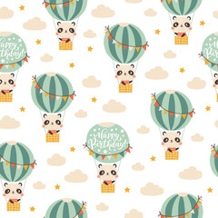 Fototapeta premium Birthday seamless pattern with cute panda on a balloon with lettering. Vector hand drawn cartoon illustration of festive elements and funny characters. Vintage fun pastel palette.