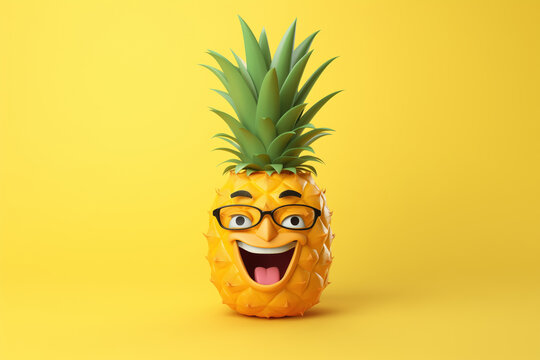  3D simple Pineapple fruit intelligent in glasses, with happy character face