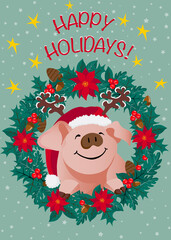 HAPPY PIG WITH CHRISTMAS WREATH
