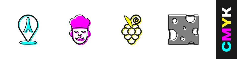 Set Eiffel tower, Cook, Grape fruit and Cheese icon. Vector