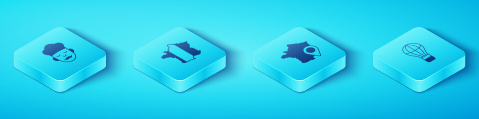 Set Isometric Cook, Map of France, Hot air balloon and icon. Vector