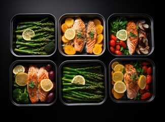 five trays with salmon, asparagus, vegetables and lemon on grey background