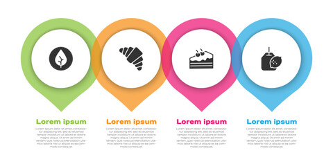 Set Tea leaf, Croissant, Piece of cake and bag with lemon. Business infographic template. Vector