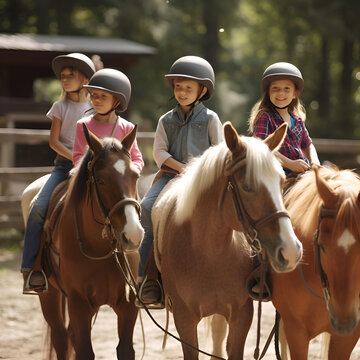 Group of children riding horses in the park. Selective focus.