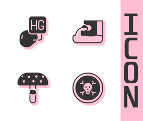 Set Bones and skull, Drop of mercury, Fly agaric mushroom and Wastewater icon. Vector