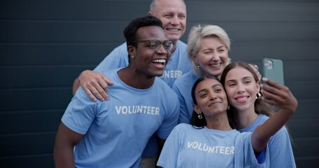 Selfie, diversity and volunteer group, happy people or non profit society with memory picture of charity service organization. Team building collaboration, community kindness or NGO post online photo