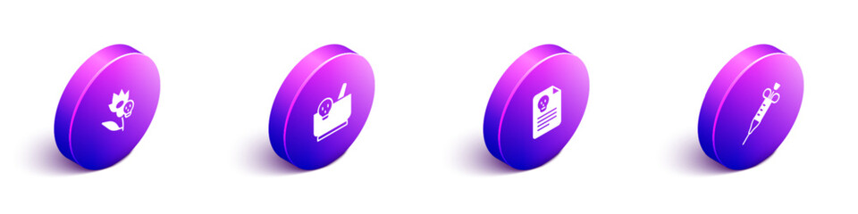 Set Isometric Poison flower, Mortar and pestle, Radiation warning document and Syringe icon. Vector