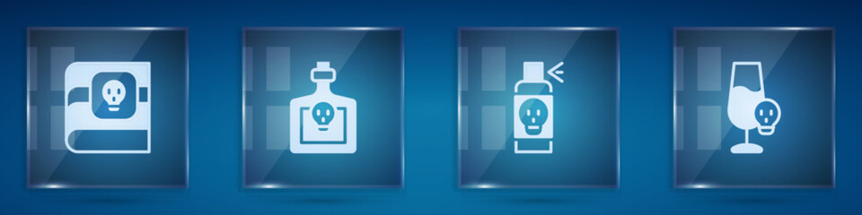 Set Book about poisons, Bottle with potion, Spray against insects and Poisoned alcohol. Square glass panels. Vector