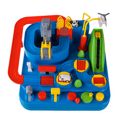 Fototapeta premium Children's toy slide with obstacles for passing cars along the road toys for kids isolated on a white background