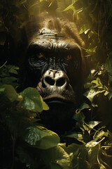 Obraz premium Solemn Gorilla Amidst Lush Foliage Basking in a Beam of Light