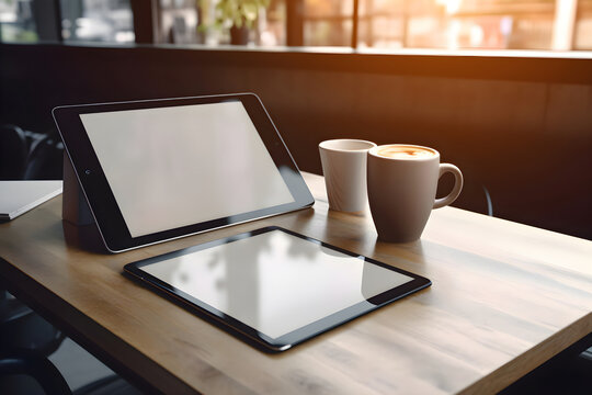Coffee cup and digital tablet on wooden table in coffee shop