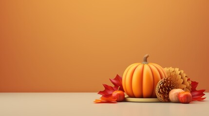Thanksgiving day background with pumpkin, cones and leaves
