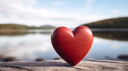 Fototapeta premium Close up of a dark red wooden Heart in front of a beautiful Lake. Blurred natural Background