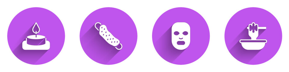 Set Aroma candle, Washcloth, Facial cosmetic mask and Honey dipper stick with bowl icon with long shadow. Vector