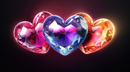 Multicolor Crystal heart background. Valentines Day, wedding concept. Symbol of love. Diamond gemstones crystalline hearts semi precious jewelry. For greeting card, banner, flyer, party invitation..