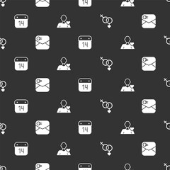 Set Gender, Envelope with Valentine heart, Calendar February 14 and Romantic man on seamless pattern. Vector