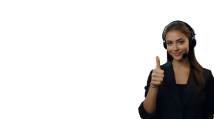 Attractive Hispanic brunette lady in her 20s - 30s, smiling, thumbs up - ok, okay, follow. Successful telemarketing, salesperson agent, businesswoman, associate, secretary. Isolated white background