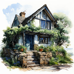 watercolor Cornish Cottage clipart, Generative Ai