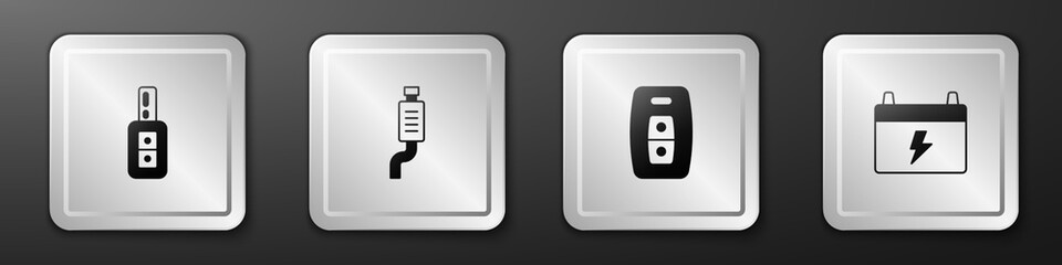 Set Car key with remote, muffler, and battery icon. Silver square button. Vector