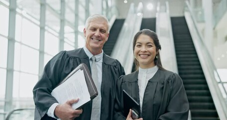 Judge, law and lawyer team in collaboration on a criminal case investigation strategy together as teamwork for justice. Happy, mentor and legal professional attorney or government advisory service