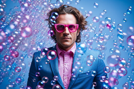Homme avec des lunette de soleil posant dans un studio avec des bulles, portrait de mode