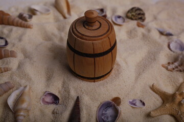 Seashells and starfish on the sand. Toned.