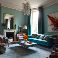 Interior design elegant stylish spacious modern living room cozy turquoise color palette