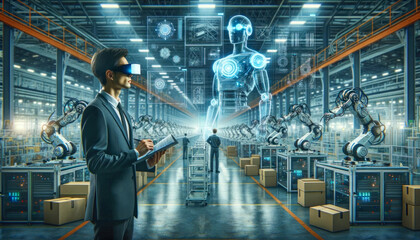 Engineer in a suit and AR glasses observing automatic android production line in futuristic factory