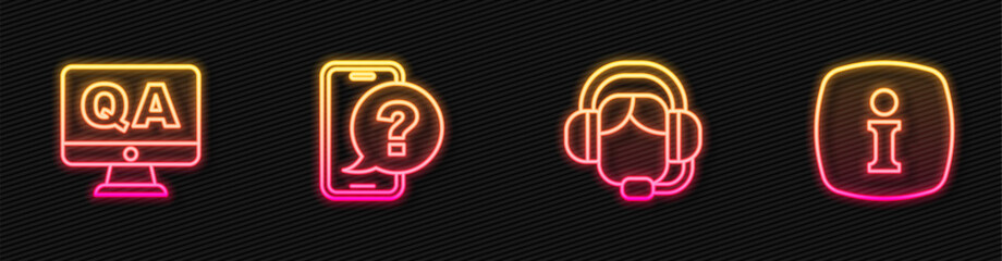 Set line Woman with a headset, Question and Answer, Telephone 24 hours support and Information. Glowing neon icon. Vector