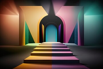 Colorful stairway and arch in a dark room
