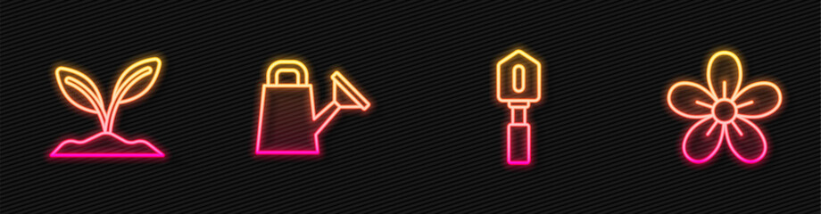 Set line Shovel, Sprout, Watering can and Flower. Glowing neon icon. Vector