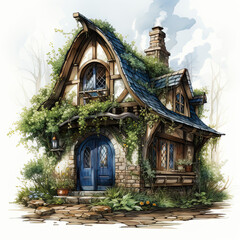 watercolor Cornish Cottage clipart, Generative Ai