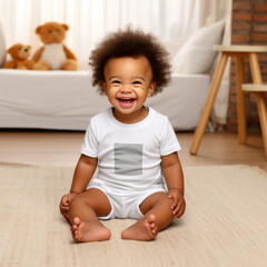 Portrait of Joyful African Girl Baby with White Bodysuit 
 - mockup onesie template and print a mock-up presentation. 