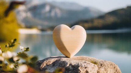 Fototapeta premium Close up of a ivory wooden Heart in front of a beautiful Lake. Blurred natural Background