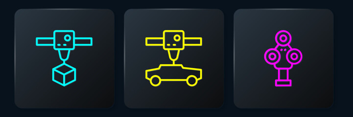 Set line 3D printer cube, scanner and car. Black square button. Vector