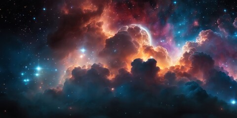 Colorful cosmic nebula veiled in space dust, a celestial spectacle. Fantastic space nebula with glowing cosmic clouds on black background. Universe, stars and galaxies clusters of fantastic worlds