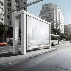 Blank billboard on bus stop in the city. 3d rendering