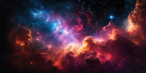 Colorful cosmic nebula veiled in space dust, a celestial spectacle. Fantastic space nebula with glowing cosmic clouds on black background. Universe, stars and galaxies clusters of fantastic worlds - obrazy, fototapety, plakaty