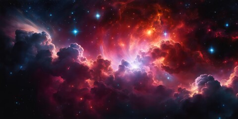 Colorful cosmic nebula veiled in space dust, a celestial spectacle. Fantastic space nebula with glowing cosmic clouds on black background. Universe, stars and galaxies clusters of fantastic worlds