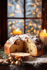 Fototapeta na wymiar Frosty Windowpane: A Cozy Christmas with Panettone, Fireplace, and Snowy Serenity