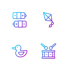 Set line Drum with drum sticks, Rubber duck, Battery and Kite. Gradient color icons. Vector