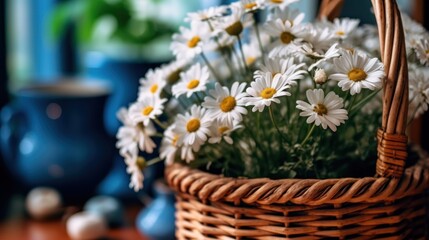 Beautiful bouquet of daisies in a wicker basket. Springtime  concept with a space for a text. Valentine day concept with a copy space.