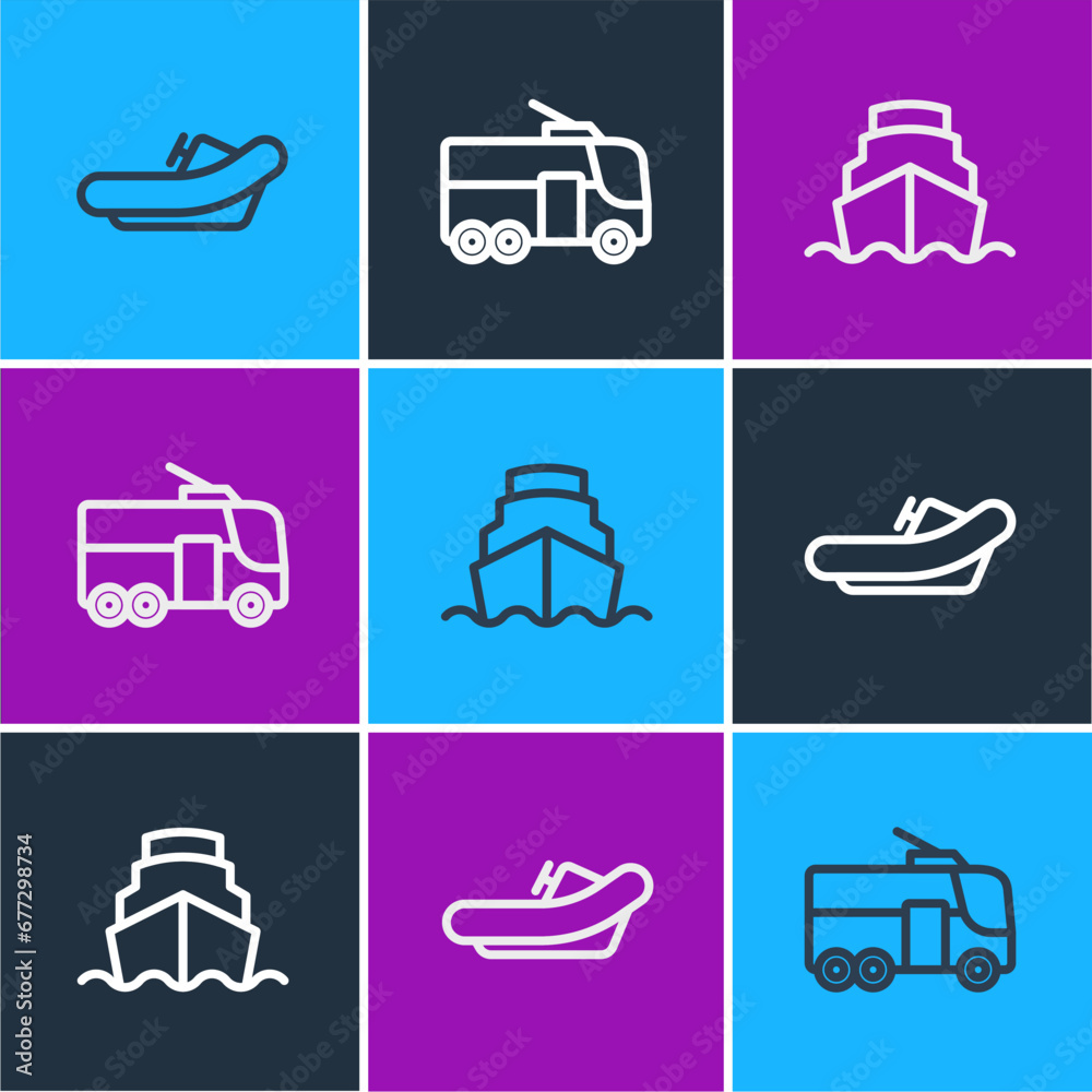 Wall mural set line rafting boat, cruise ship and trolleybus icon. vector