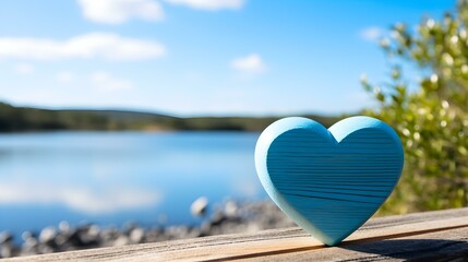 Fototapeta premium Close up of a light blue wooden Heart in front of a beautiful Lake. Blurred natural Background