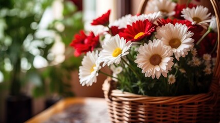 Obraz na płótnie Canvas Bouquet of daisies in a basket on the table. Springtime concept with a space for a text. Valentine day concept with a copy space.